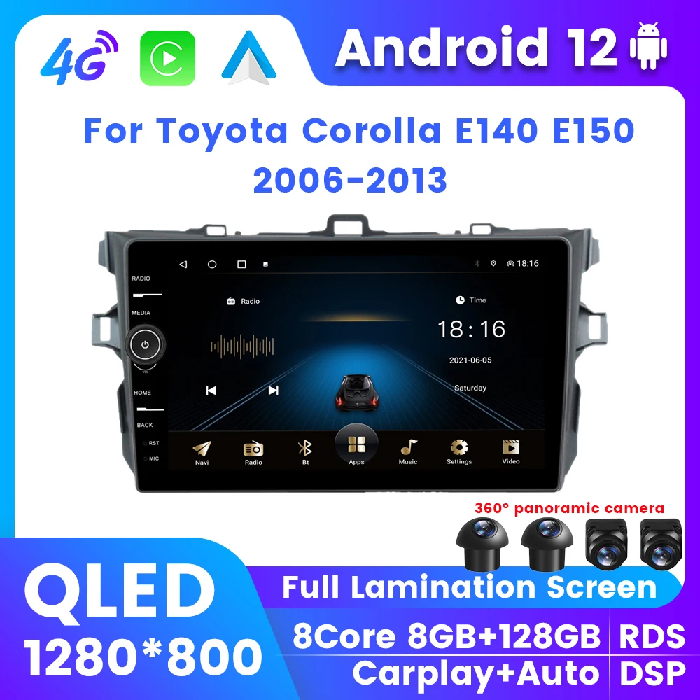 2DIn QLED Android 12 Auto Multimediálne Rádia Pre Toyota Corolla E140/150/2006-2013 Všetko v jednom Pre Carplay Auto 4G LTE, Wifi DSP RDS Obrázok 0