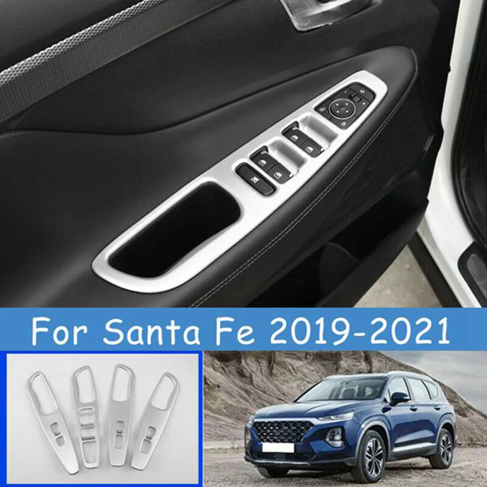 Striebro Okno Výťah Prepnúť Tlačidlo Krytu Čalúnenie Dverí, lakťová opierka Panel Rám pre-Hyundai Santa Fe 2019-2021 Obrázok 1