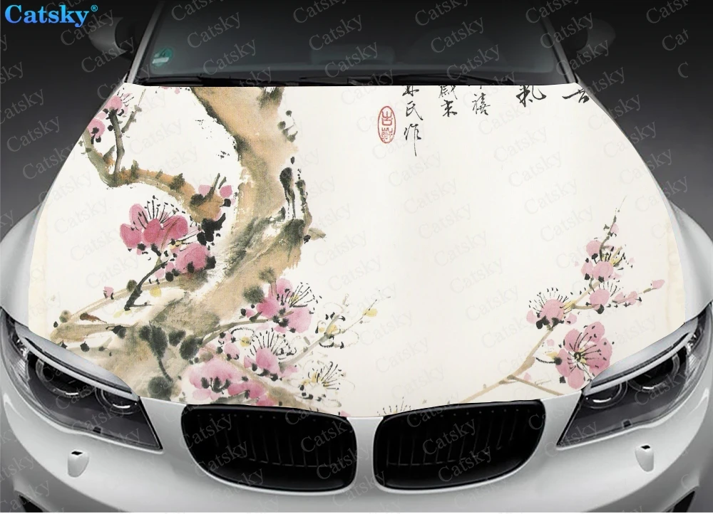 Čínsky Atrament Kvet Maľovanie Auta, Kapota Samolepky Zábal Vinyl Film Kryt Motora Obtlačky Nálepky Auto Auto Príslušenstvo Obrázok 2