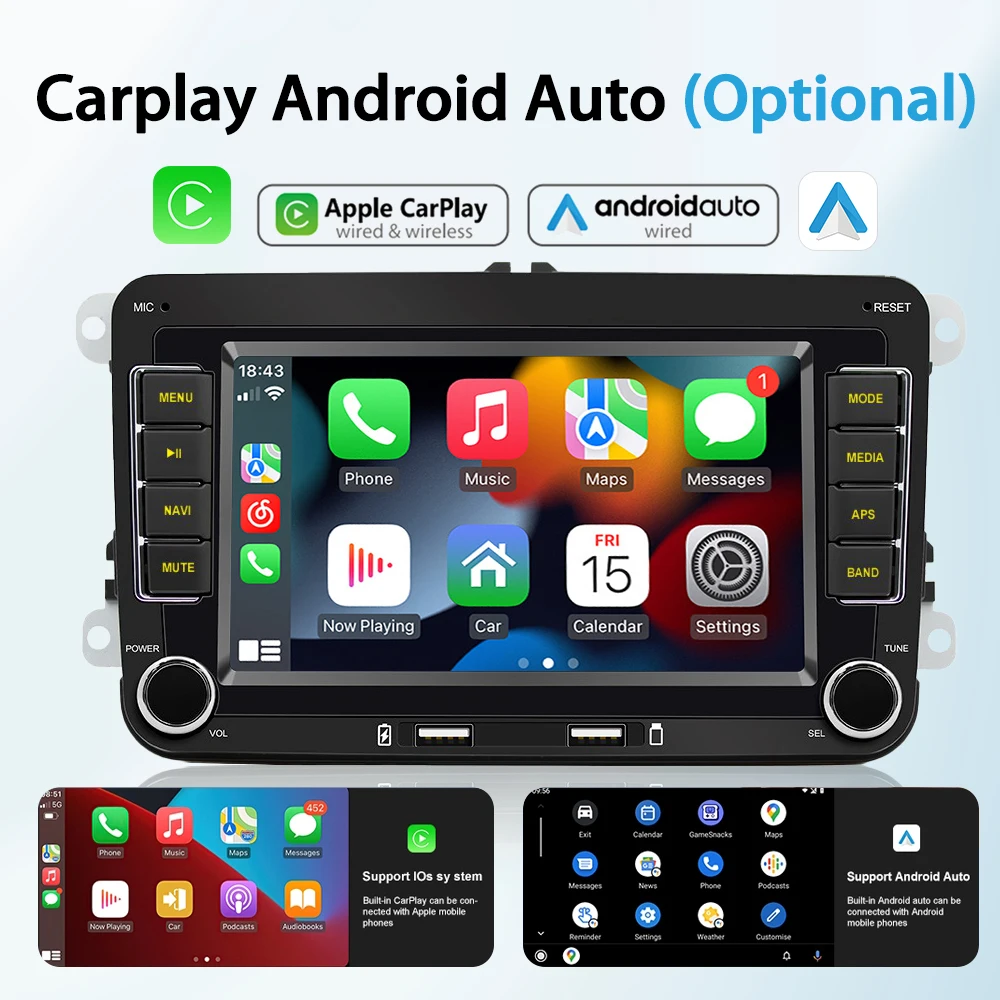 2 Din Android autorádia Stereo Carplay Android Auto GPS, Wifi, Pre VW Golf 5 6 Skoda Touran Jetta, Polo Passat b6 b7 Caddy Golf Obrázok 1