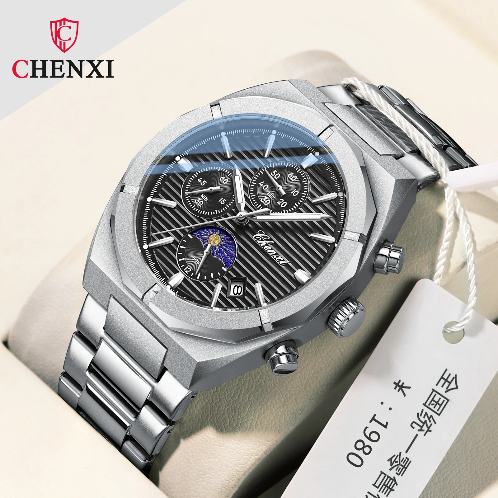 CHENXI 962 Morninglight Multifunkčné Mužov Fázy Mesiaca Dátum Načasovanie Waterproof Black Steel Kapela Quartz Hodinky Pánske Náramkové hodinky Obrázok 0